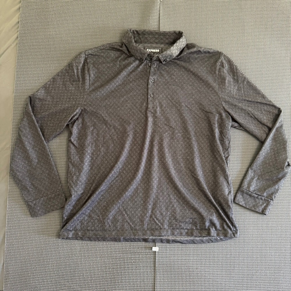 Express Men XL Charcoal Gray Geometric Micro Pattern Long Sleeve Polo Shirt